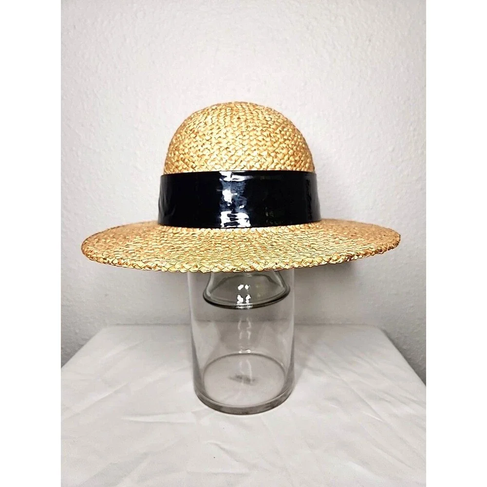 Straw Hat With Patent Black Leather Band Women's